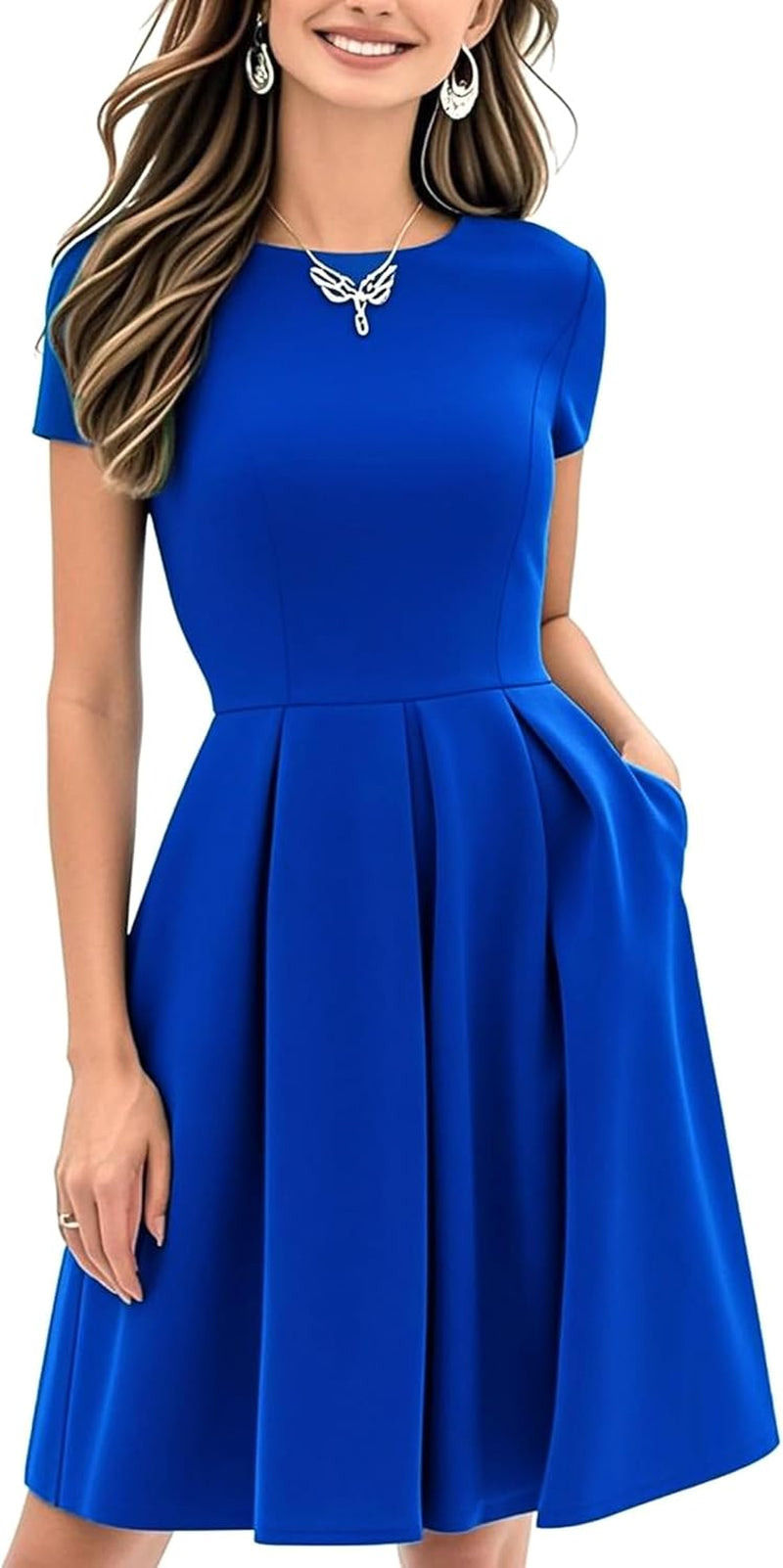 Women'S Vintage Half Sleeve O-Neck Contrast Casual Pockets Party Swing Dress OX253