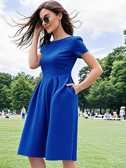 Women'S Vintage Half Sleeve O-Neck Contrast Casual Pockets Party Swing Dress OX253